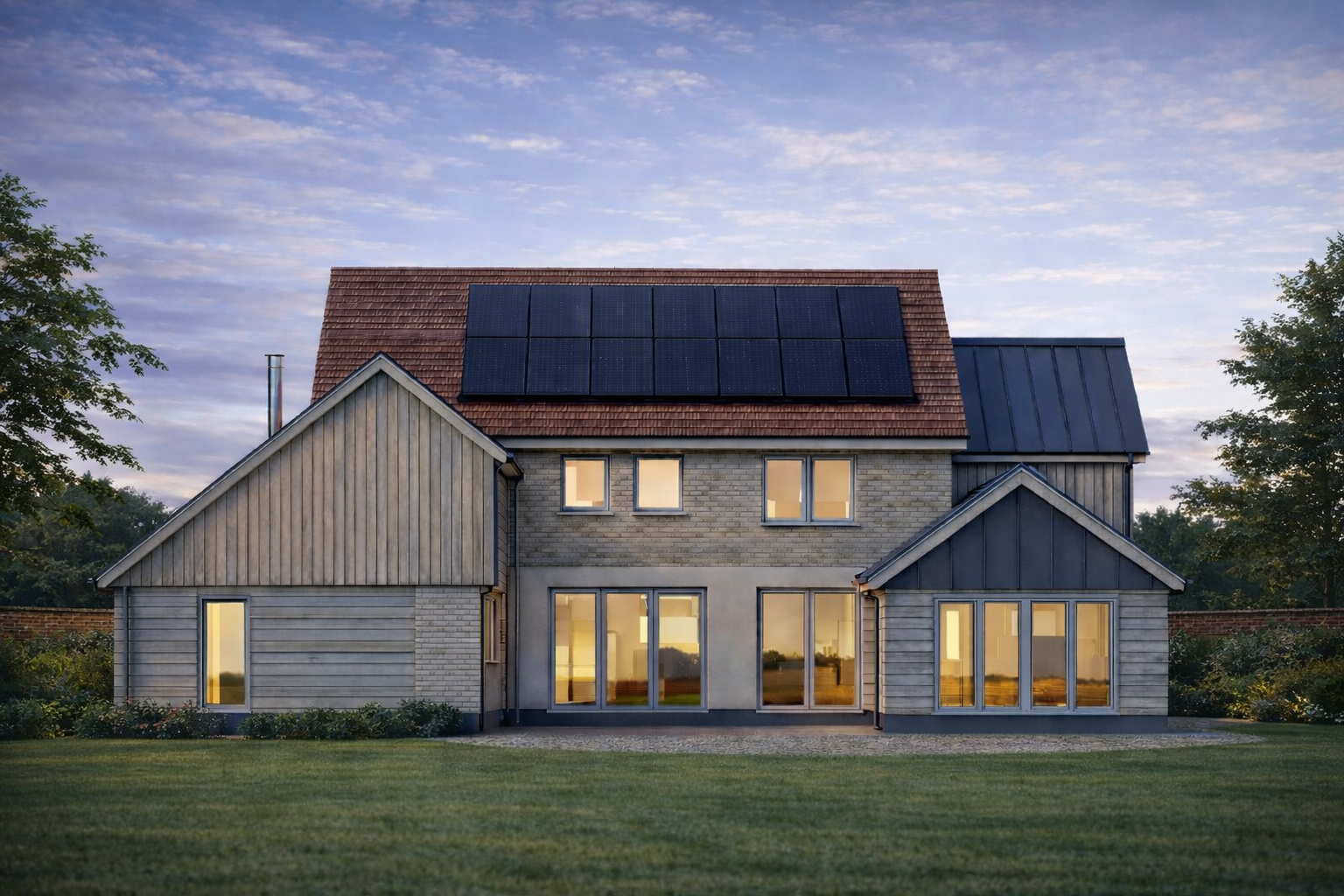 Brenchley__Knowle_Road - SJD Projects Modern two-story house with solar panels on a red-tiled roof and warm interior lights visible through large glass doors at dusk.