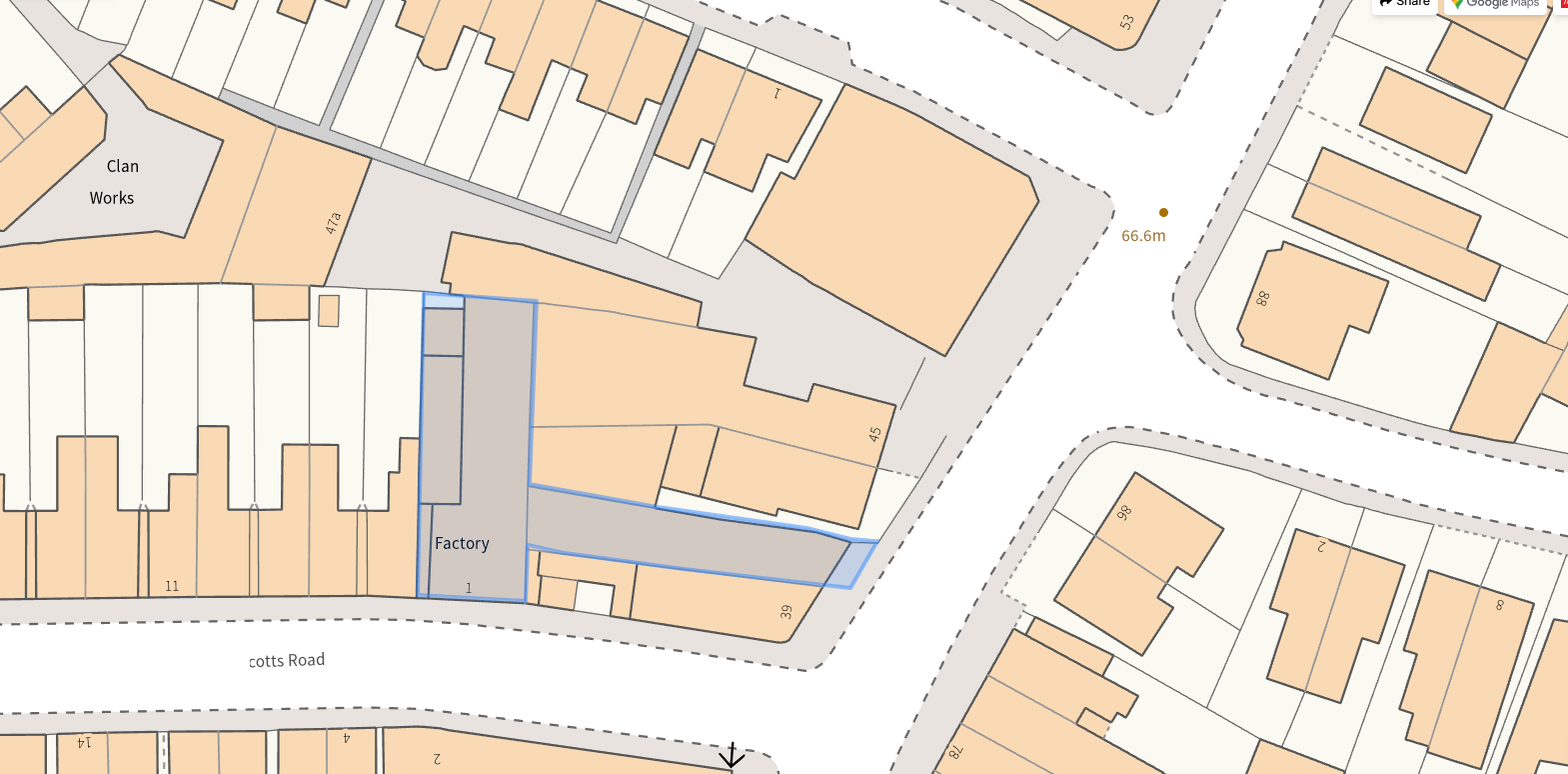 Bromley__College_Road - SJD Projects Map excerpt showing a factory building outlined in blue at the corner of Cotts Road, with surrounding orange parcels and streets.