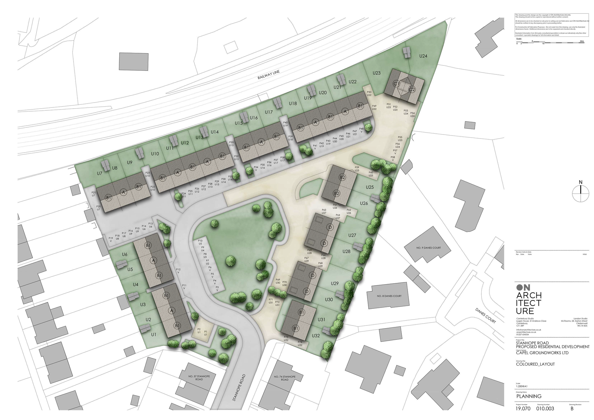 Dover__Stanhope_Road - SJD Projects Site plan of a proposed residential development with numbered units (U1–U31) along a curved road beside a railway line, including green spaces and trees.