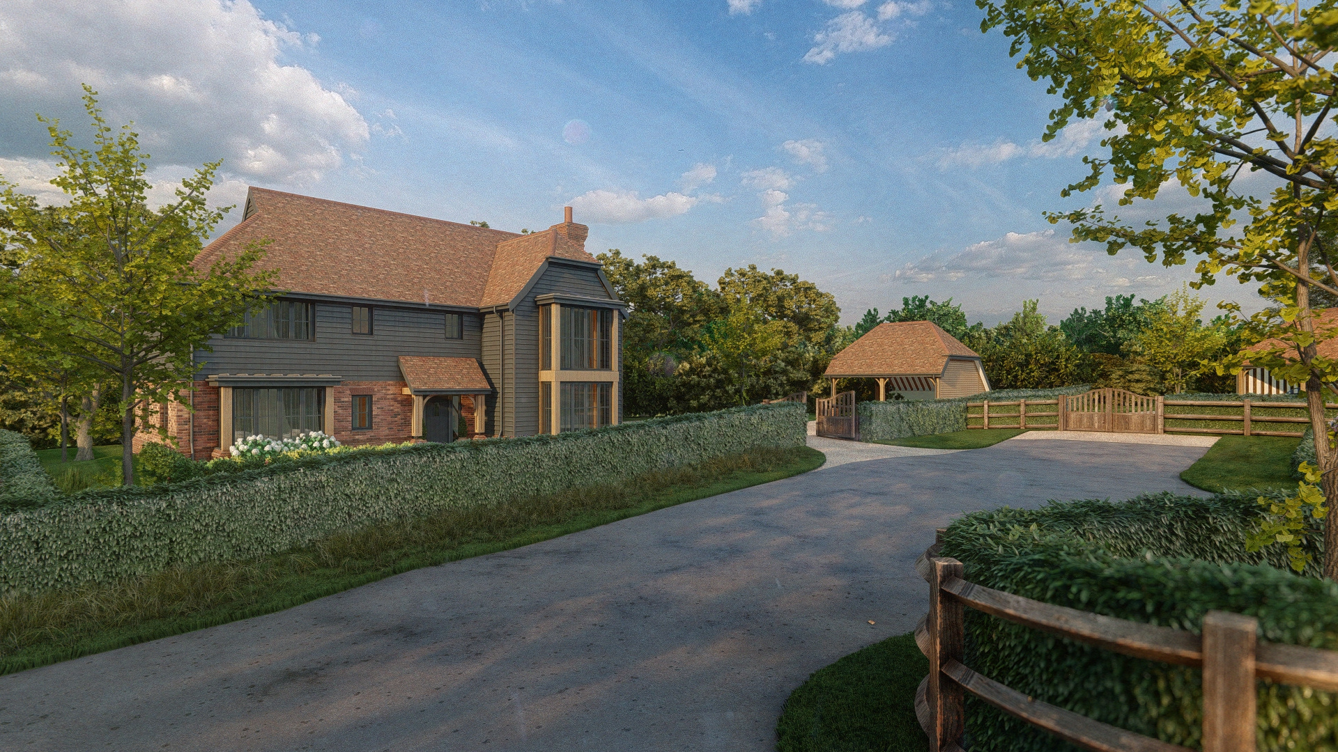 Maresfield__Forest_View - SJD Projects Two-story house with brick base and gray siding, curved driveway lined by hedges and trees on a sunny day
