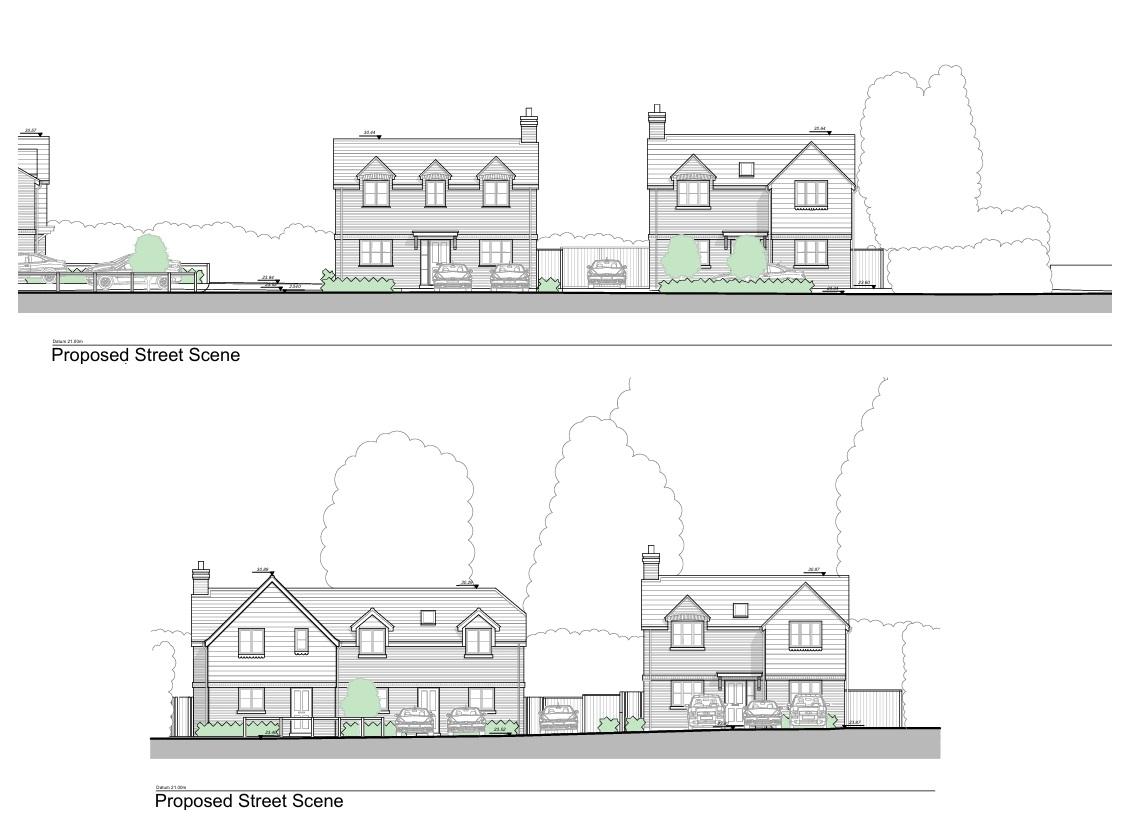 Staplehurst__George_Street - SJD Projects Proposed street elevation showing two attached houses with driveways, cars, and landscaping along a residential curb appeal.