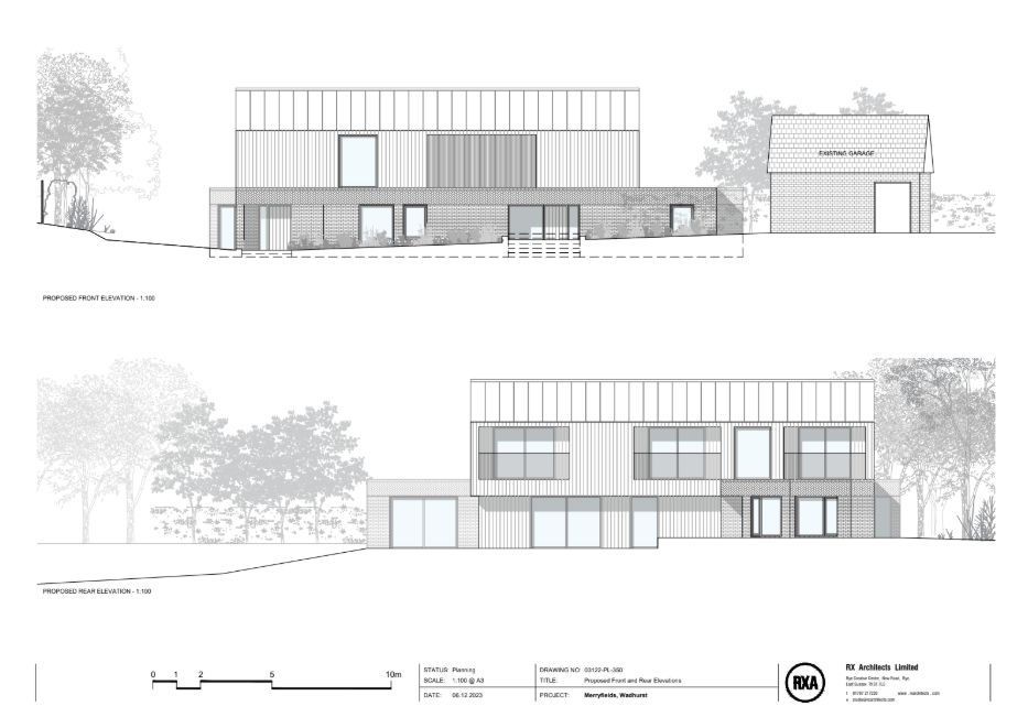 Wadhurst__Merry_Fields - SJD Projects Architectural elevation drawings of a two-story modern house with a detached garage, shown from front and rear with surrounding trees and site context.
