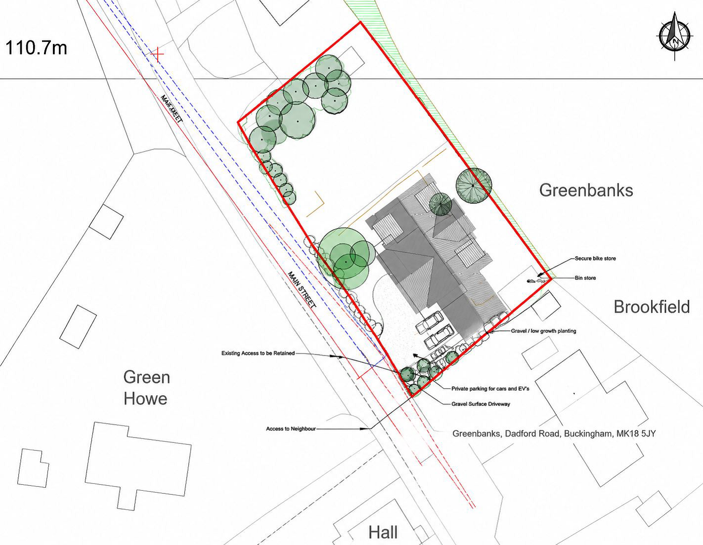 image001 - SJD Projects Site plan of a corner property with a red boundary, building footprint, trees, and Main Street access.